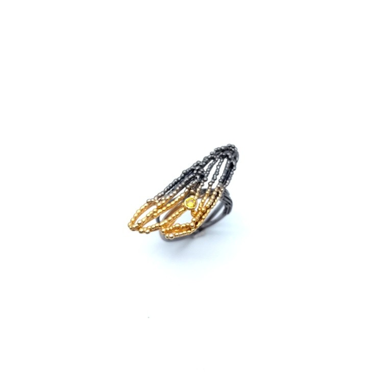 Silver ring 925 black rhodium and gold plated with synthetic stones