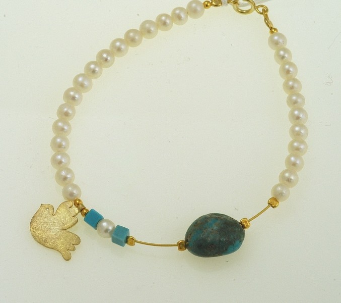 Silver bracelet 925 gold plated with synthetic stones and pearl