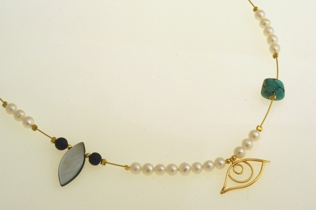 Silver necklace 925 gold plated with pearl and synthetic stones