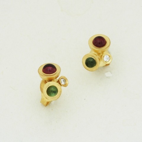 Gold earrings 14K or 18K with synthetic stones or diamonds brilliant cut and semiprecious stones