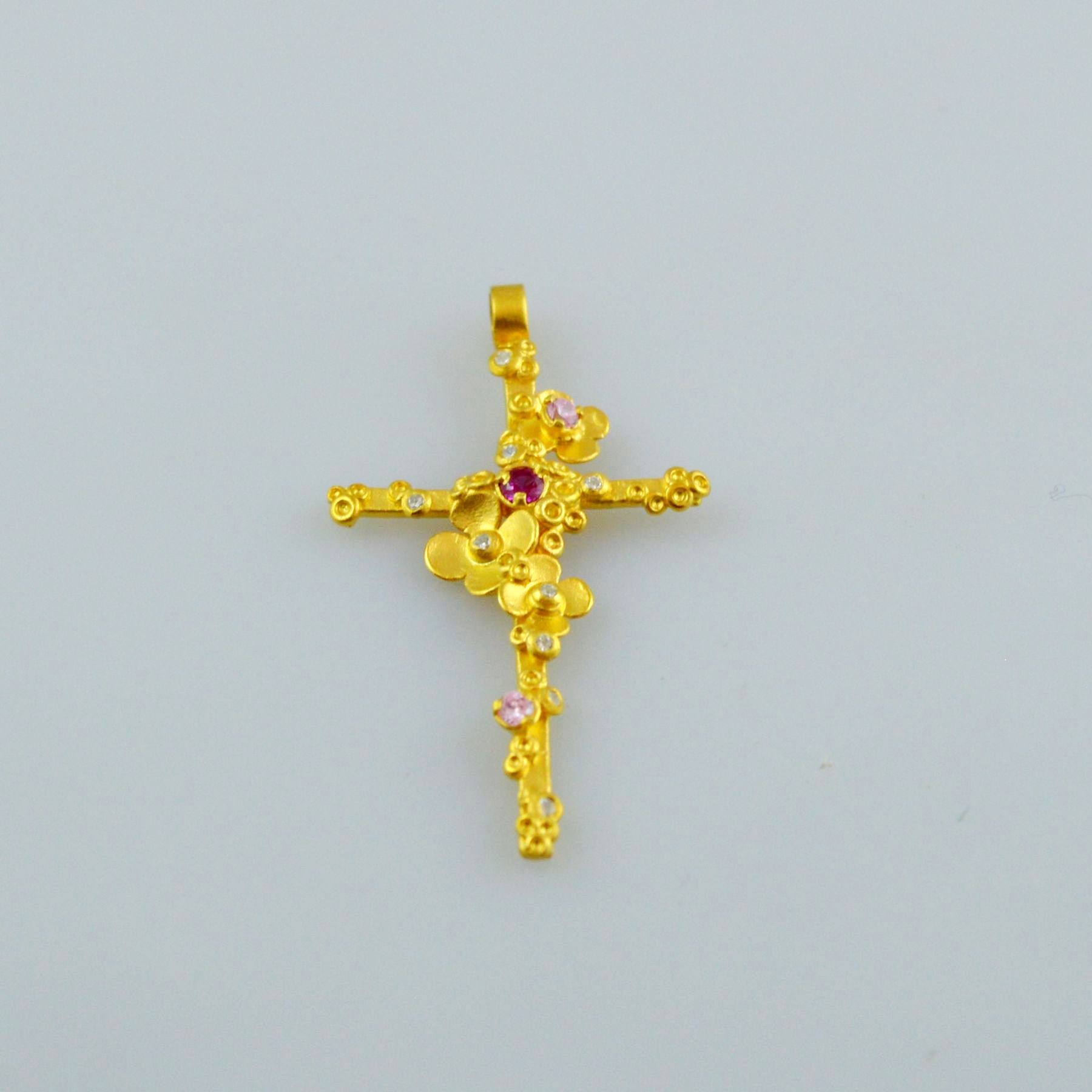 Gold or white gold cross 14K or 18K with synthetic stones or semiprecious stones with diamonds brilliant cut