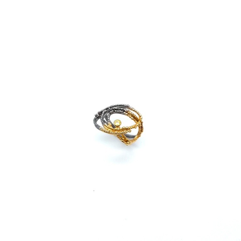 Silver ring 925 black rhodium and gold plated with synthetic stones