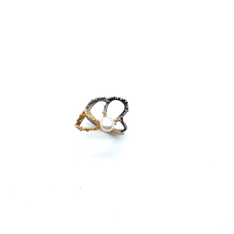 Silver ring 925 black rhodium and gold plated with pearl