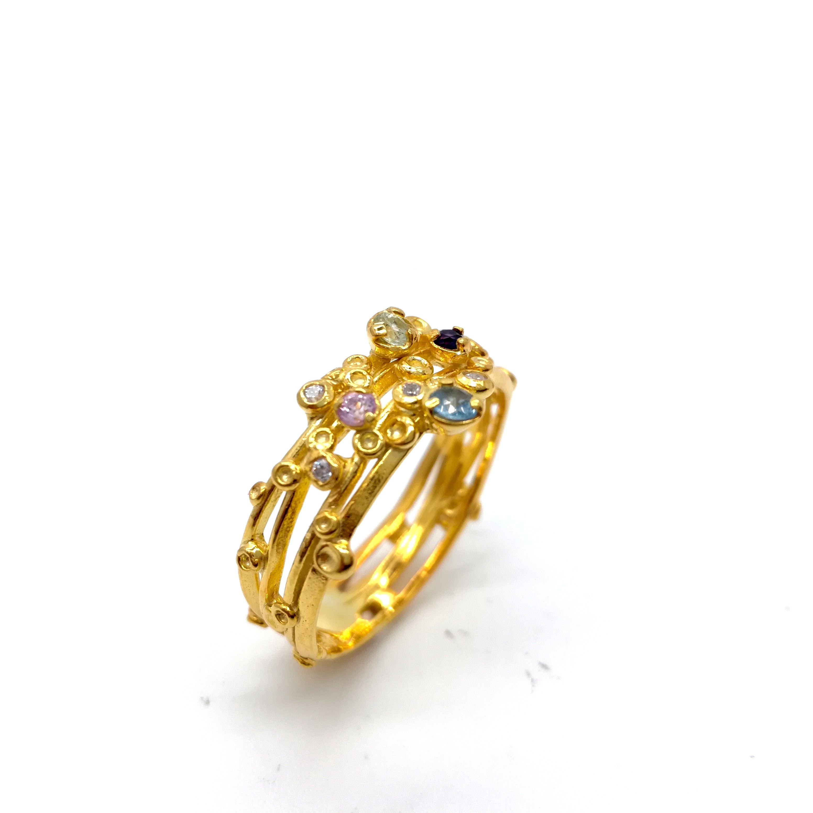 Gold ring 14K or 18K with synthetic stones or diamonds brilliant cut and semiprecious stones
