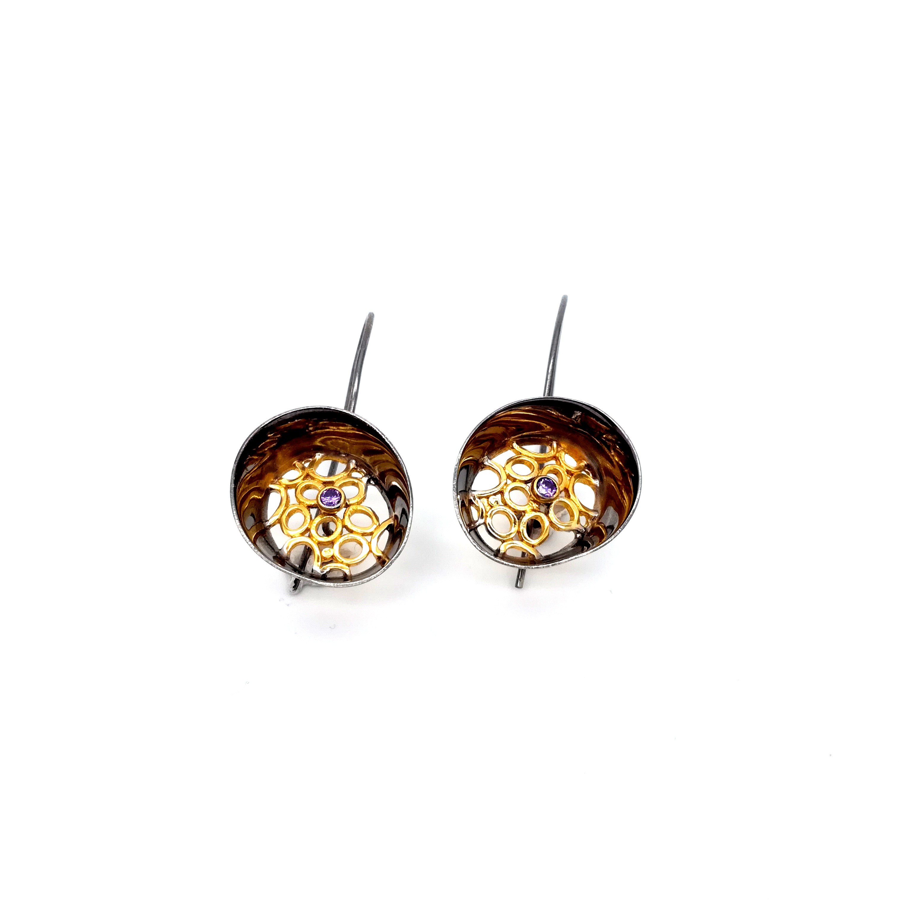 Silver earrings 925 black rhodium and gold plated with synthetic stones