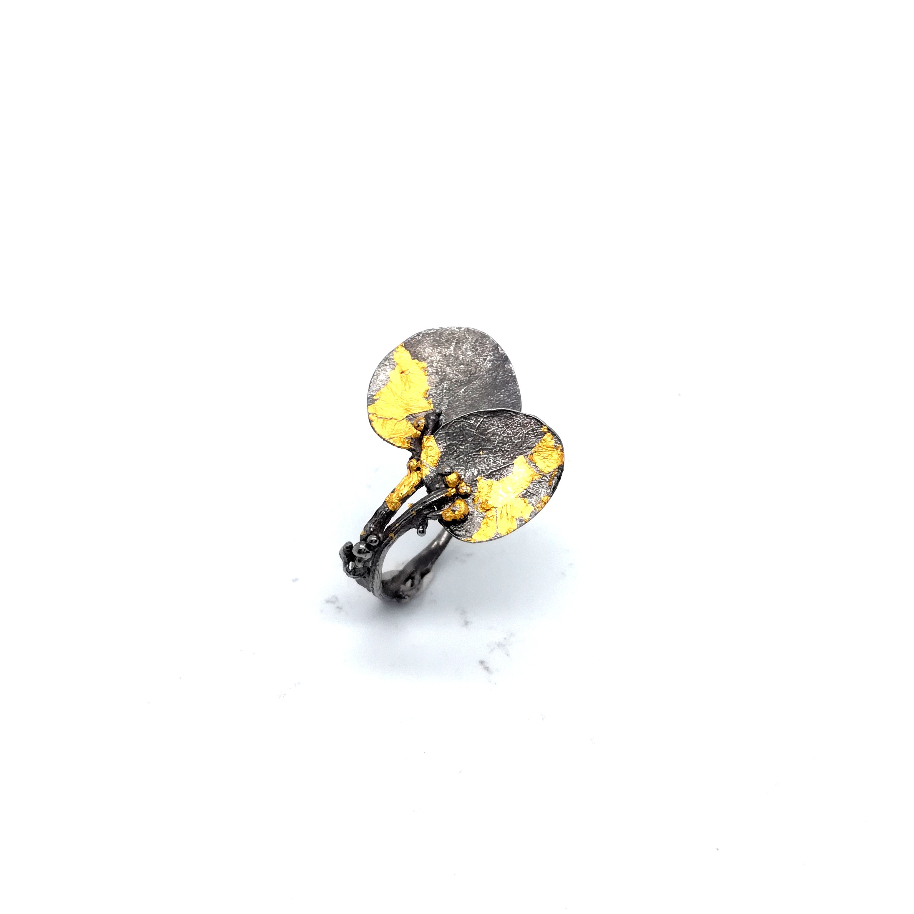 Silver ring 925 black rhodium plated with gold leaf 22K